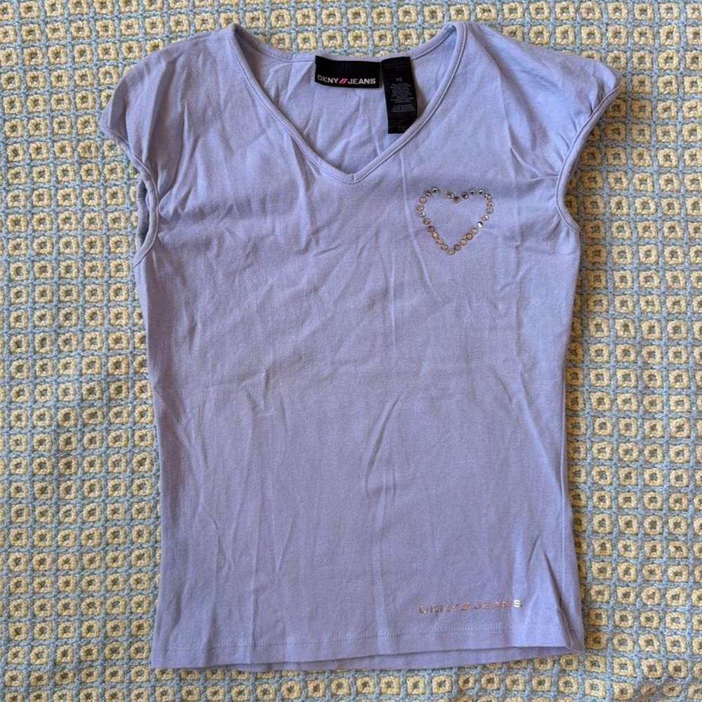 DKNY Jeans Baby Blue Rhinestone Heart Baby Tee Y2K XS